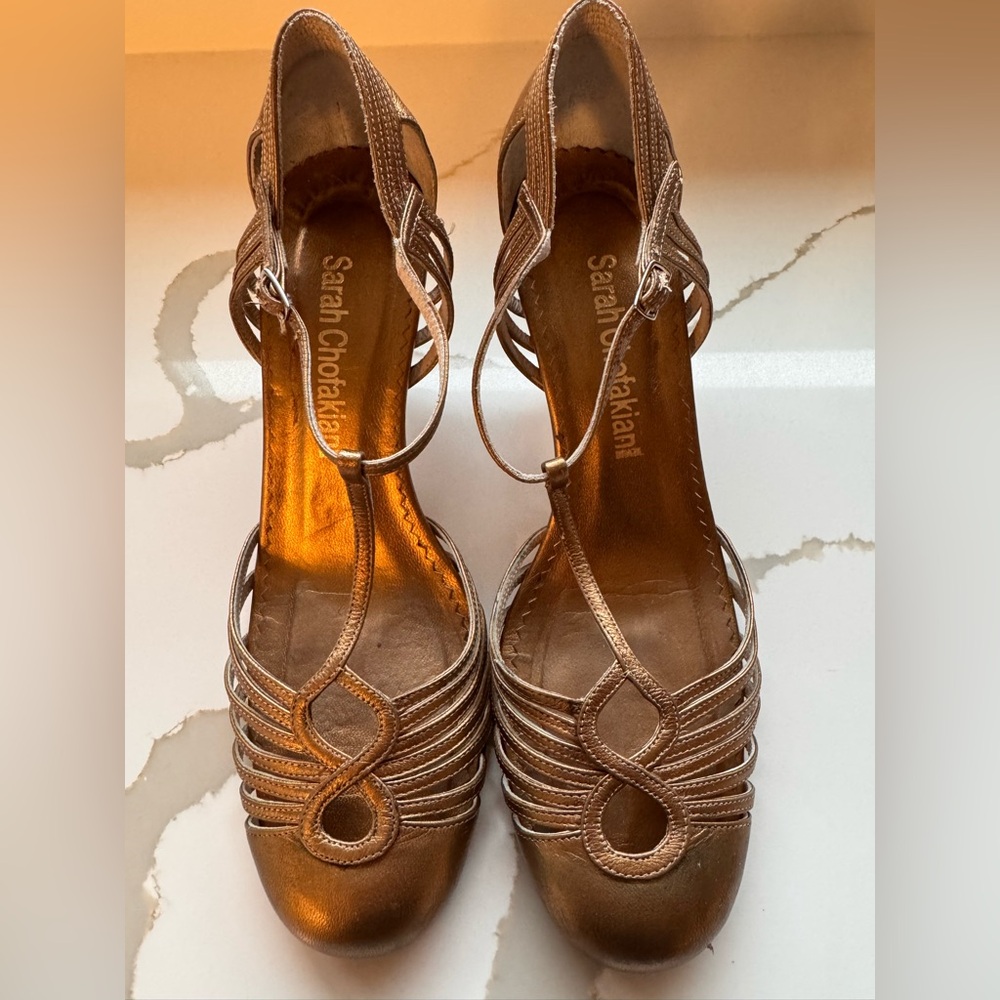Sarah Chofakian Bronze Metallic Leather T-Strap Heels | US 8 (Brazil 6)